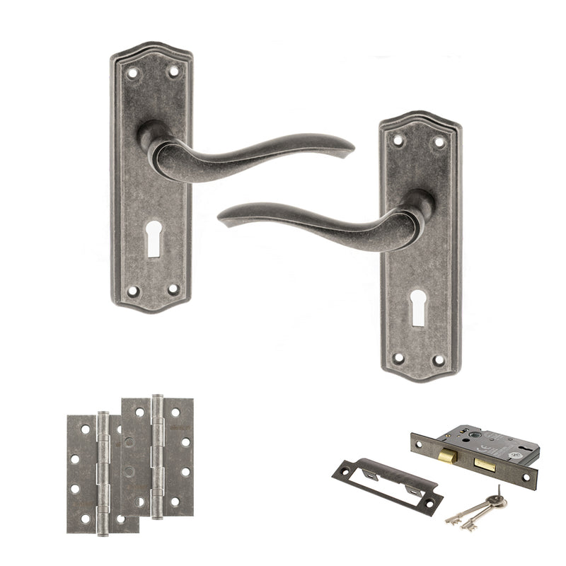 Old English Warwick Door Handle Pack (3 Lever Lock Set - 2.5" CE Sashlock, 4" Slim Knuckle Hinges x2) - Distressed Silver