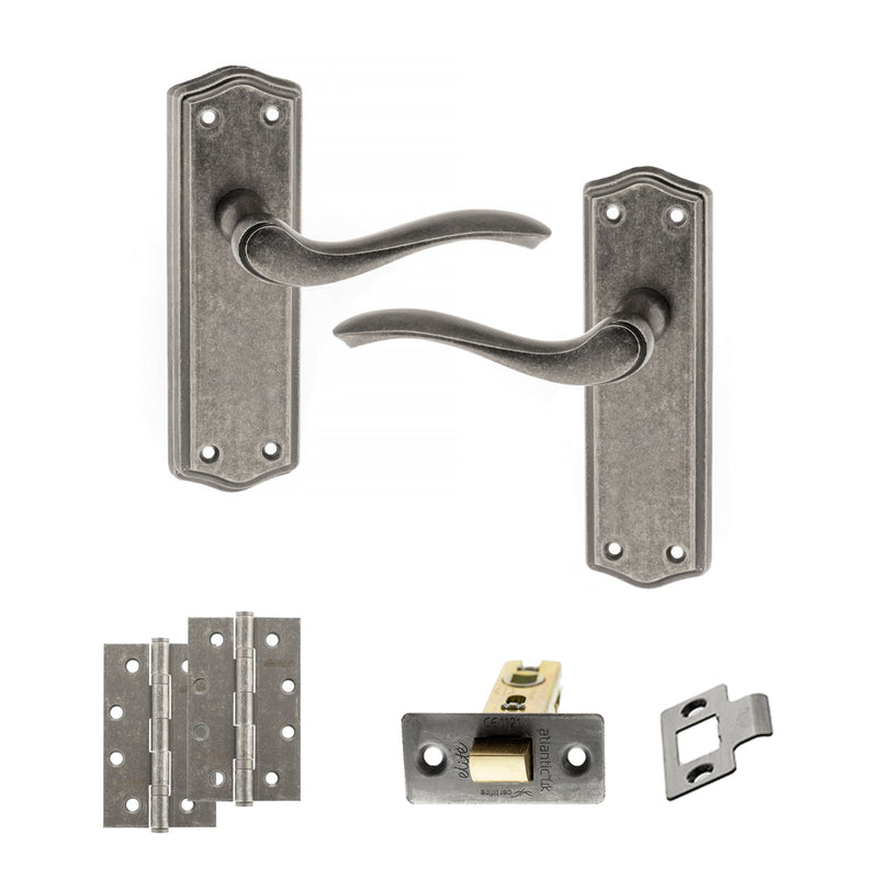 Old English Warwick Door Handle Pack (Latch Set - 2.5" CE Latch, 4" Slim Knuckle Hinges x2) - Distressed Silver