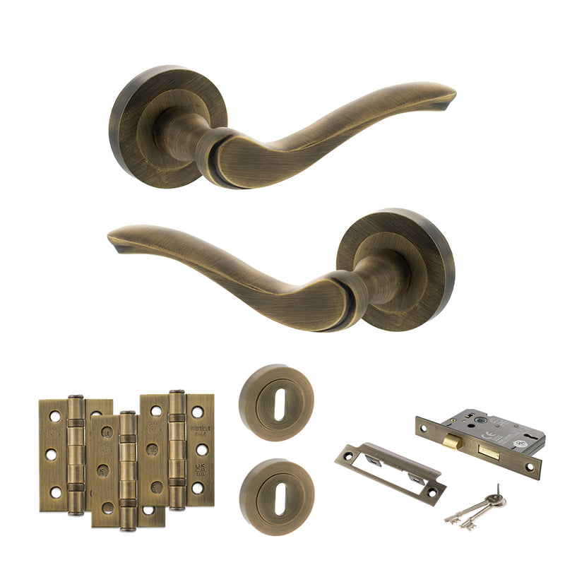 Old English Warwick Door Handle Pack (3 Lever Lock Set - 2.5" CE Sashlock, 3" Fire Rated Hinges x3) - Matt Antique Brass