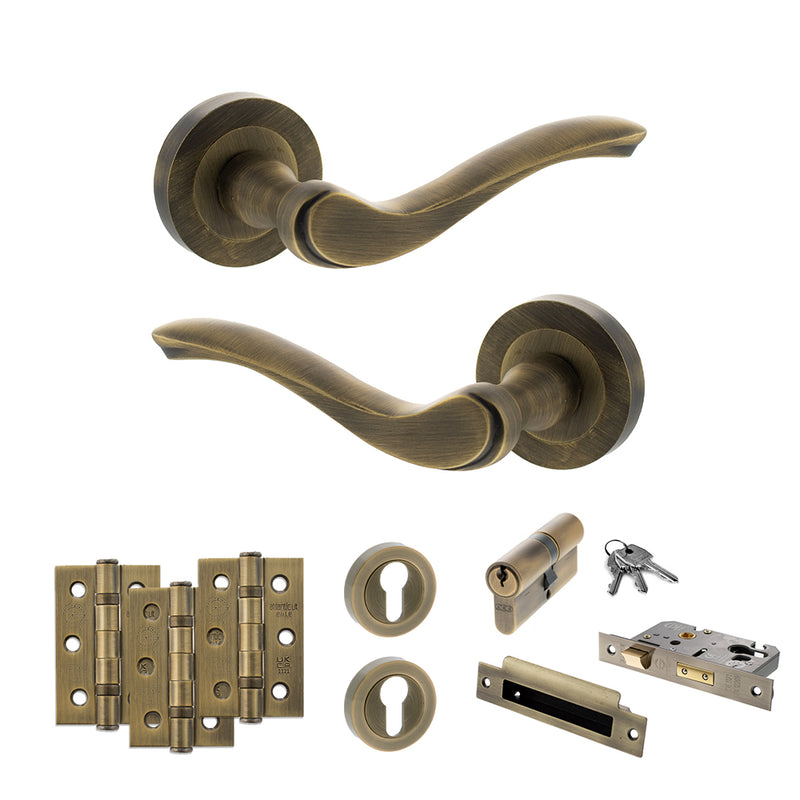 Old English Warwick Door Handle Pack (Euro Lock Set - 2.5" CE Sashlock, 3" Fire Rated Hinges x3) - Matt Antique Brass