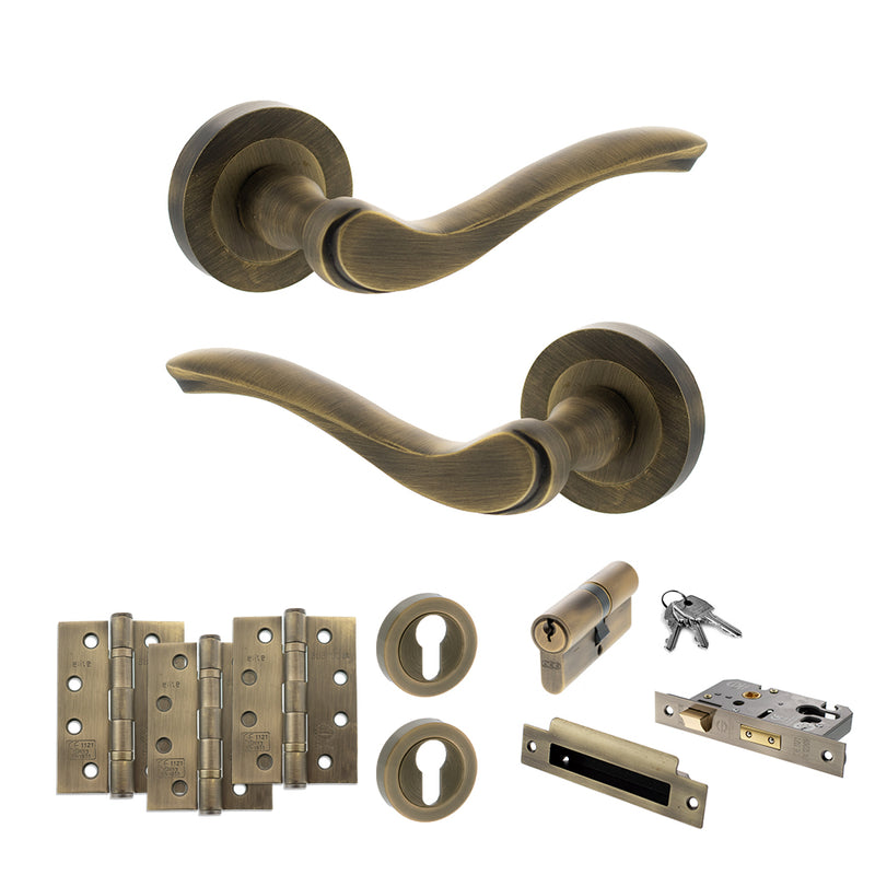 Old English Warwick Door Handle Pack (Euro Lock Set - 2.5" CE Sashlock, 4" Fire Rated Hinges x3) - Matt Antique Brass
