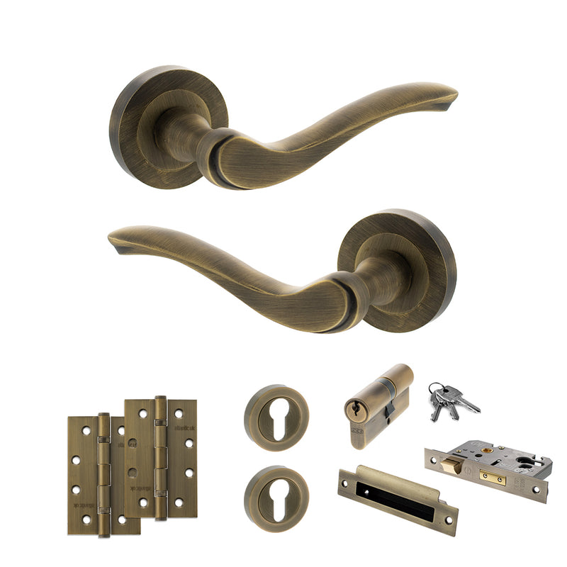 Old English Warwick Door Handle Pack (Euro Lock Set - 3" CE Sashlock, 4" Slim Knuckle Hinges x2) - Matt Antique Brass
