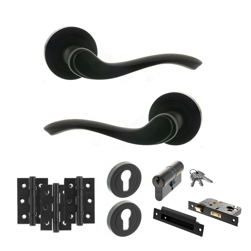 Old English Warwick Door Handle Pack (Euro Lock Set - 2.5" CE Sashlock, 3" Fire Rated Hinges x3) - Matt Black