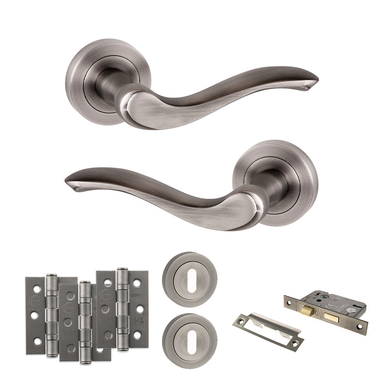 Old English Warwick Door Handle Pack (3 Lever Lock Set - 2.5" CE Sashlock, 3" Fire Rated Hinges x3) - Matt Gun Metal