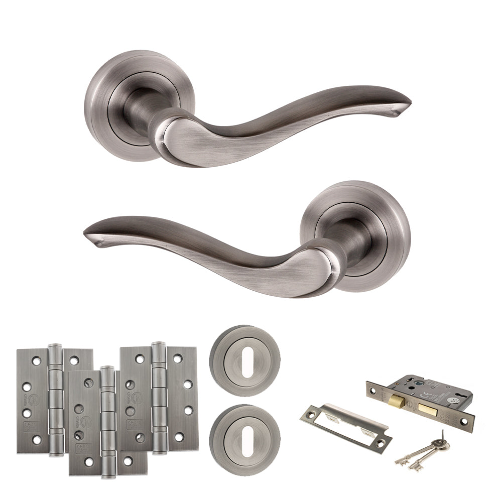 Old English Warwick Door Handle Pack (3 Lever Lock Set - 3" CE Sashlock, 4" Fire Rated Hinges x3) - Matt Gun Metal