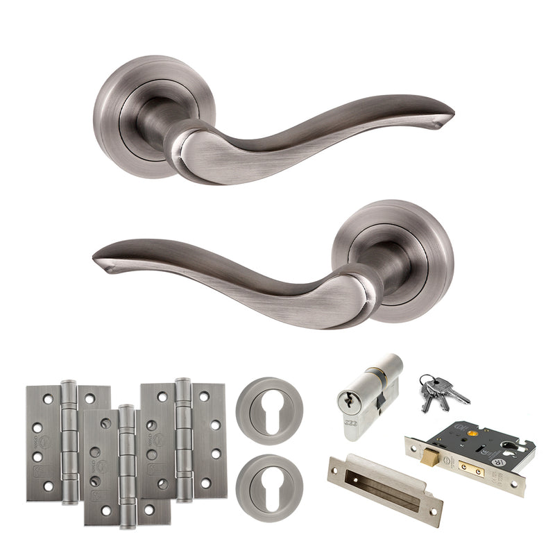 Old English Warwick Door Handle Pack (Euro Lock Set - 3" CE Sashlock, 4" Fire Rated Hinges x3) - Matt Gun Metal