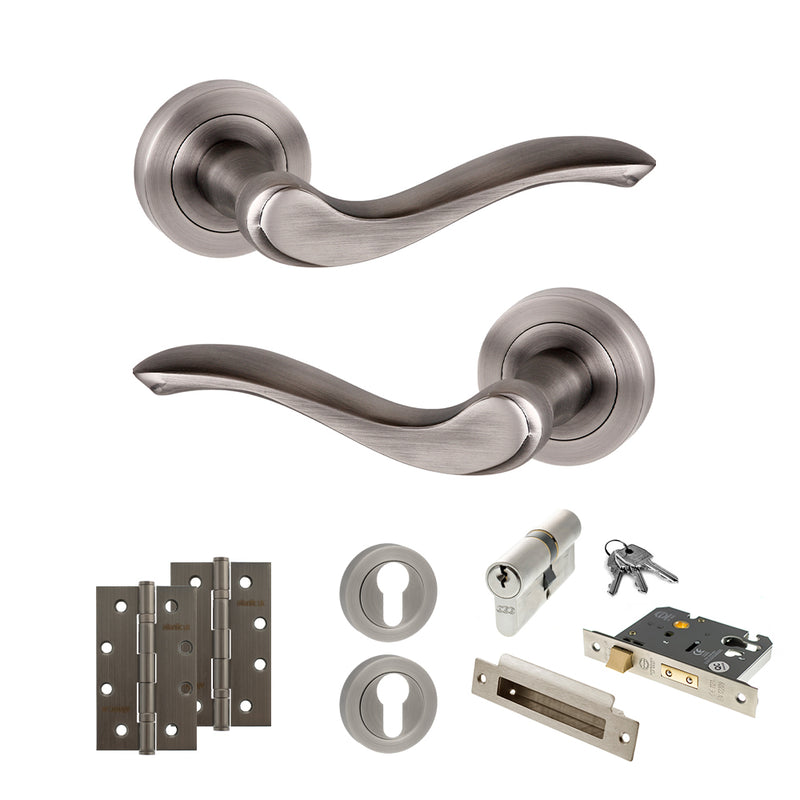 Old English Warwick Door Handle Pack (Euro Lock Set - 2.5" CE Sashlock, 4" Slim Knuckle Hinges x2) - Matt Gun Metal