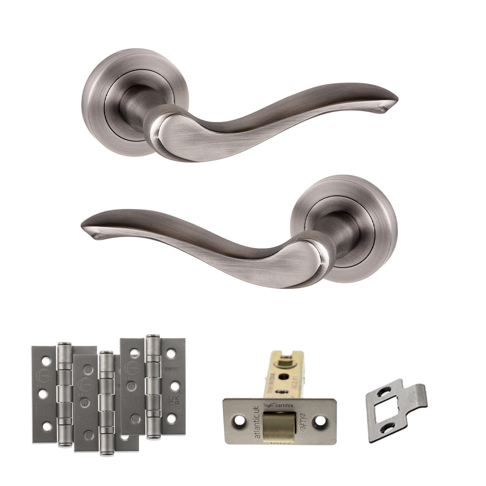 Old English Warwick Door Handle Pack (Latch Set - 3" CE Latch, 3" Fire Rated Hinges x3) - Matt Gun Metal
