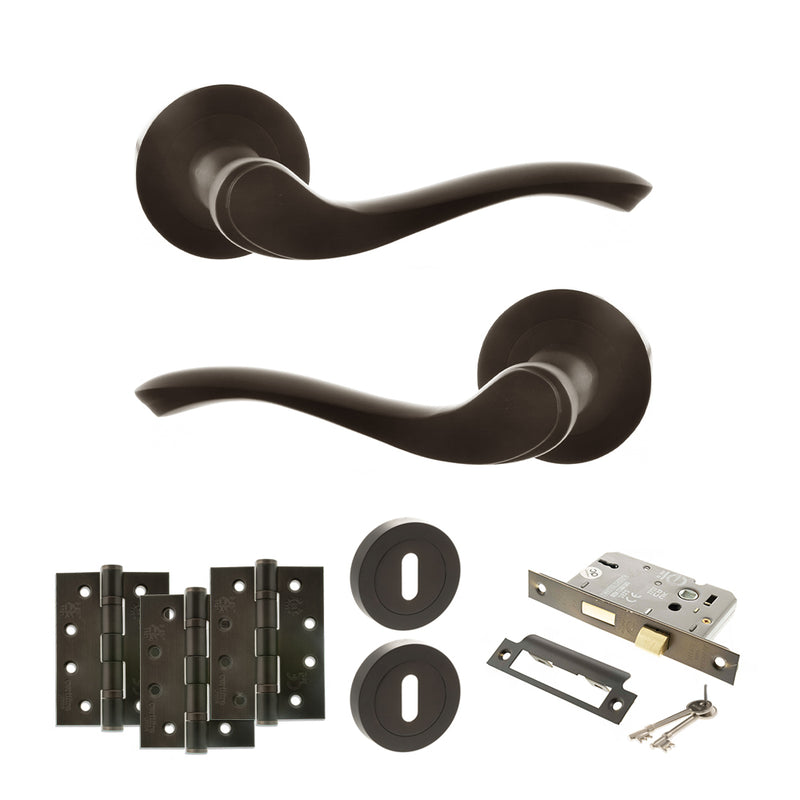Old English Warwick Door Handle Pack (3 Lever Lock Set - 2.5" CE Sashlock, 4" Fire Rated Hinges x3) - Urban Dark Bronze
