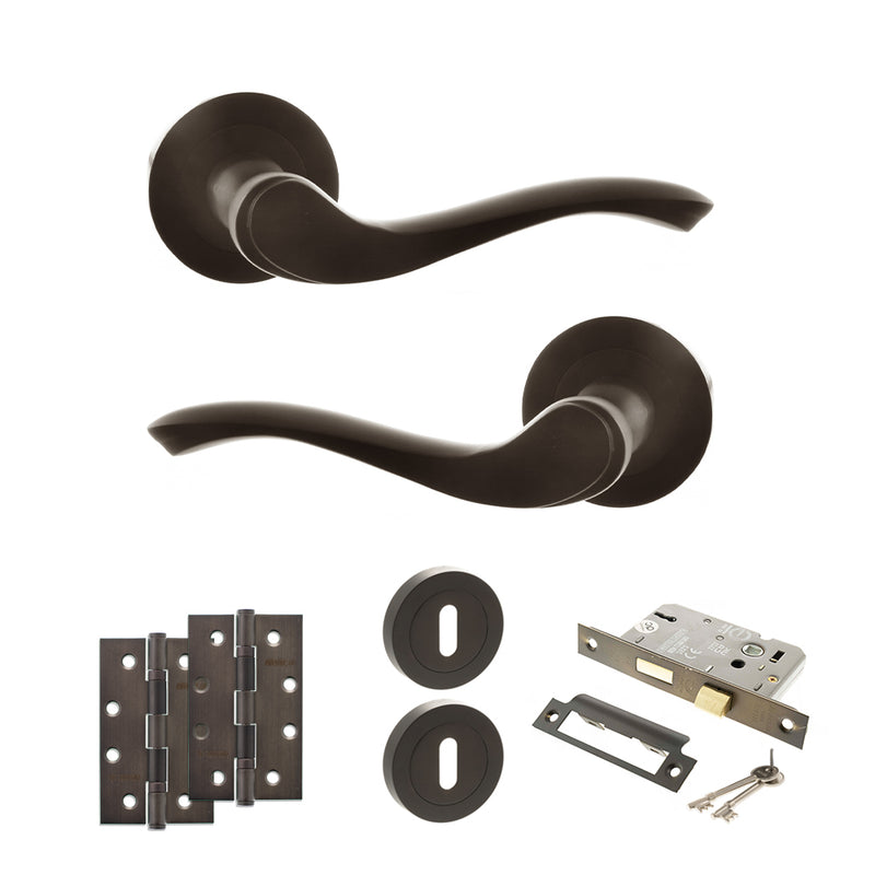 Old English Warwick Door Handle Pack (3 Lever Lock Set - 2.5" CE Sashlock, 4" Slim Knuckle Hinges x2) - Urban Dark Bronze