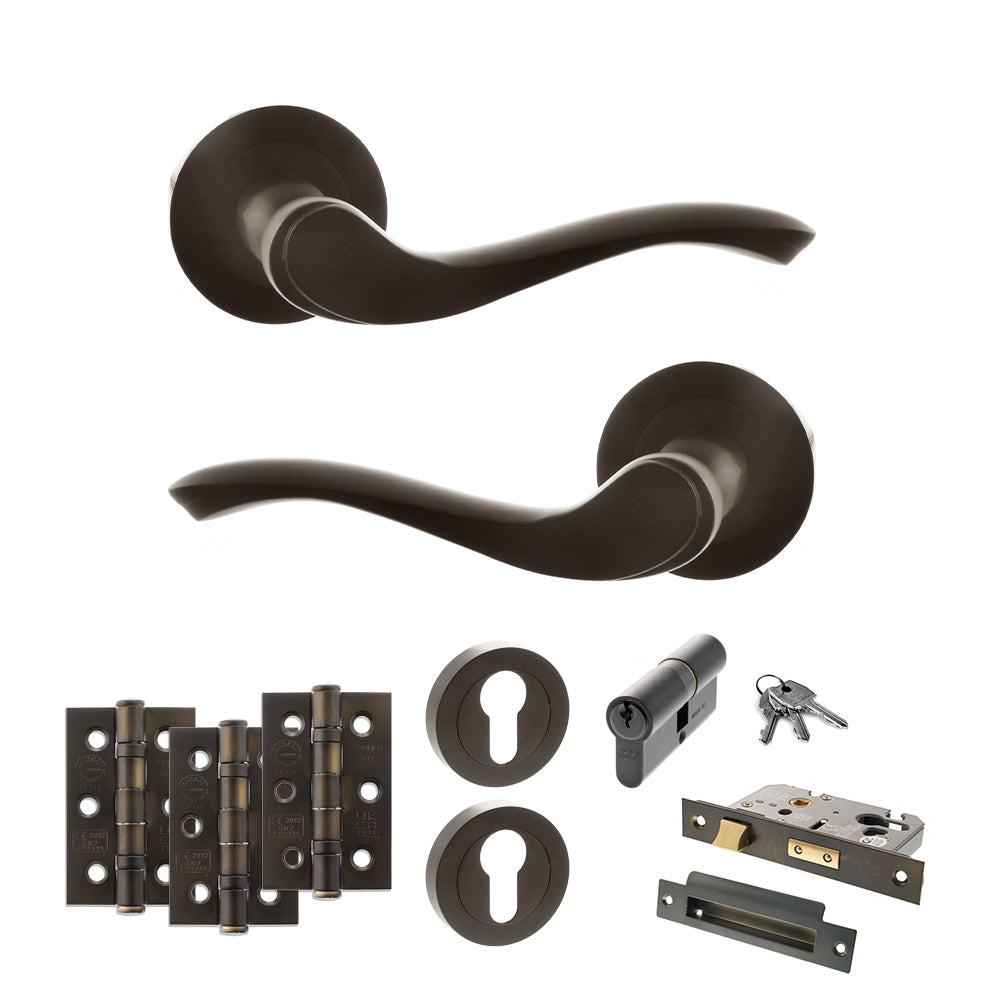 Old English Warwick Door Handle Pack (Euro Lock Set - 2.5" CE Sashlock, 3" Fire Rated Hinges x3) - Urban Dark Bronze