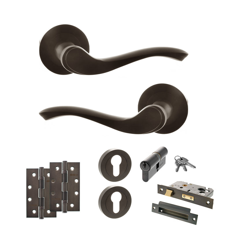 Old English Warwick Door Handle Pack (Euro Lock Set - 2.5" CE Sashlock, 4" Slim Knuckle Hinges x2) - Urban Dark Bronze