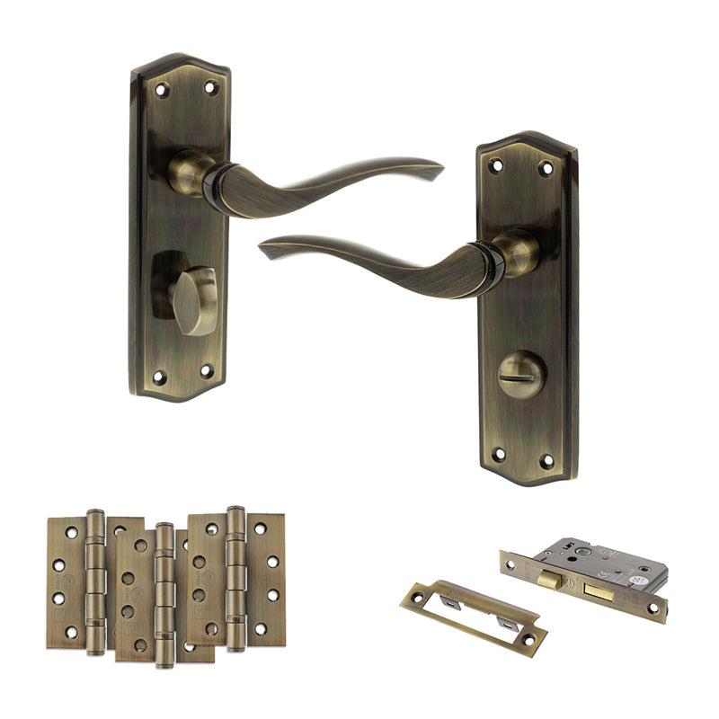 Old English Warwick Door Handle Pack (Bathroom Set - 2.5" CE Bathroom Lock, 4" Fire Rated Hinges x3) - Antique Brass