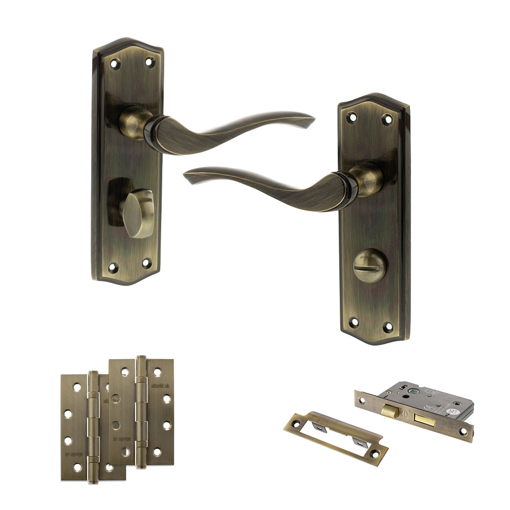 Old English Warwick Door Handle Pack (Bathroom Set - 2.5" CE Bathroom Lock, 4" Slim Knuckle Hinges x2) - Antique Brass