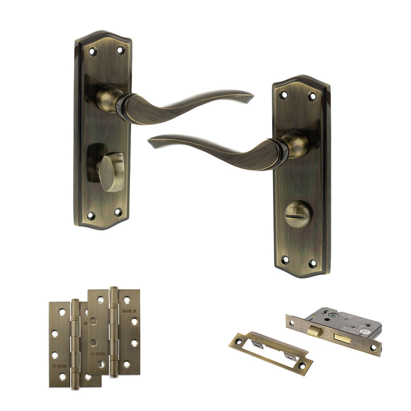 Old English Warwick Door Handle Pack (Bathroom Set - 2.5" CE Bathroom Lock, 4" Slim Knuckle Hinges x2) - Antique Brass
