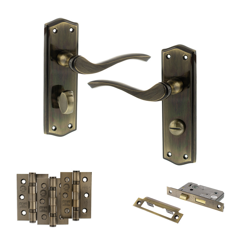 Old English Warwick Door Handle Pack (Bathroom Set - 2.5" CE Bathroom Lock, 3" Fire Rated Hinges x3) - Antique Brass