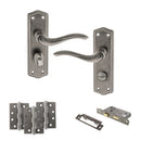 Old English Warwick Door Handle Pack (Bathroom Set - 2.5" CE Bathroom Lock, 4" Fire Rated Hinges x3) - Distressed Silver