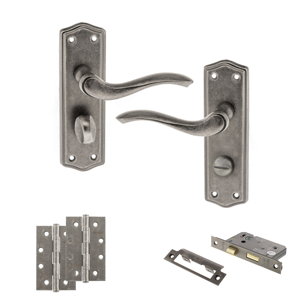 Old English Warwick Door Handle Pack (Bathroom Set - 2.5" CE Bathroom Lock, 4" Slim Knuckle Hinges x2) - Distressed Silver