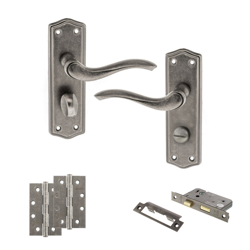 Old English Warwick Door Handle Pack (Bathroom Set - 2.5" CE Bathroom Lock, 4" Slim Knuckle Hinges x2) - Distressed Silver