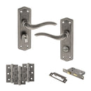 Old English Warwick Door Handle Pack (Bathroom Set - 2.5" CE Bathroom Lock, 3" Fire Rated Hinges x3) - Distressed Silver
