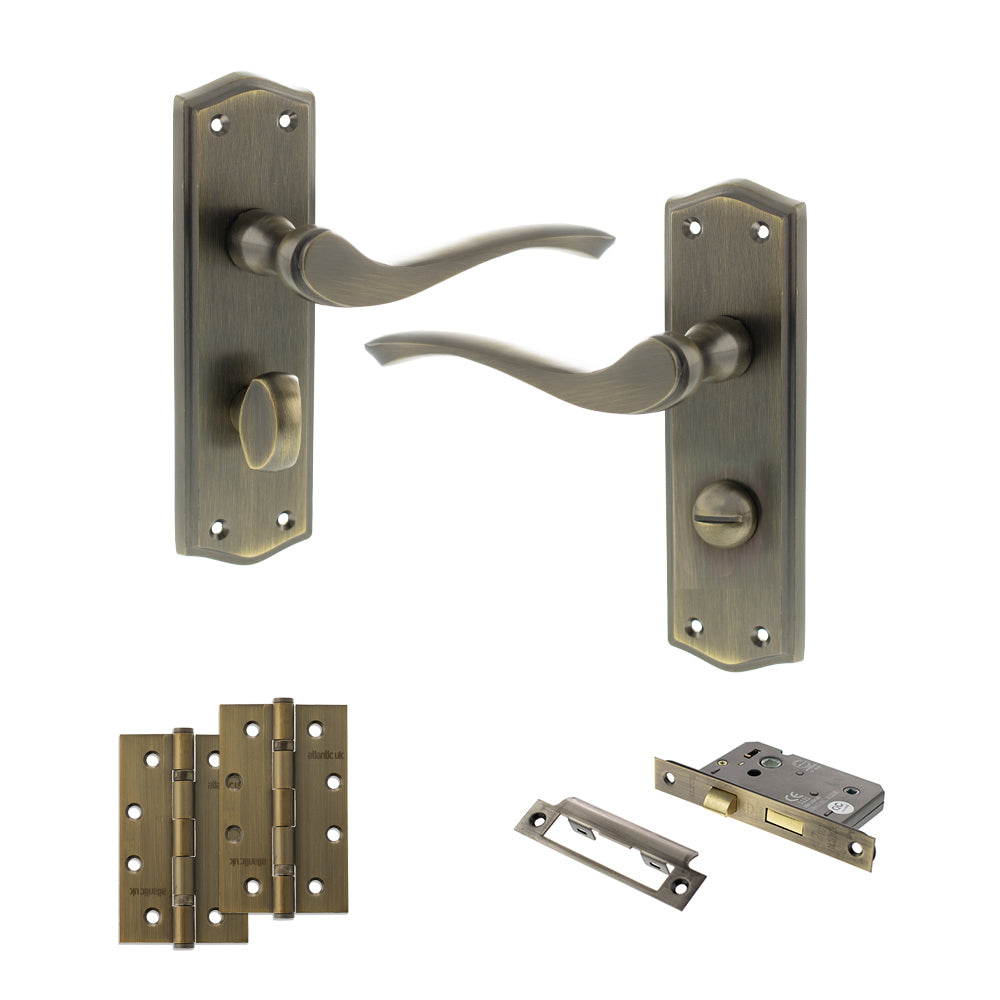 Old English Warwick Door Handle Pack (Bathroom Set - 3" CE Bathroom Lock, 4" Slim Knuckle Hinges x2) - Matt Antique Brass