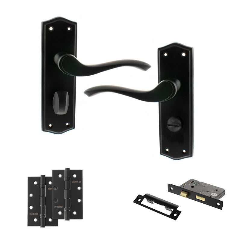 Old English Warwick Door Handle Pack (Bathroom Set - 2.5" CE Bathroom Lock, 4" Slim Knuckle Hinges x2) - Matt Black