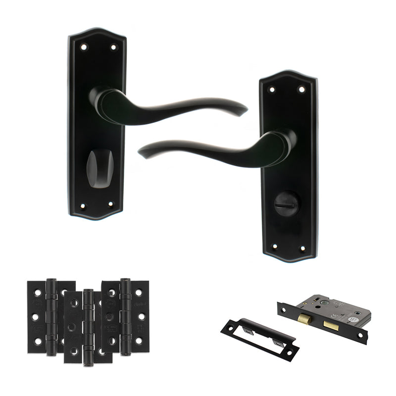 Old English Warwick Door Handle Pack (Bathroom Set - 3" CE Bathroom Lock, 3" Fire Rated Hinges x3) - Matt Black
