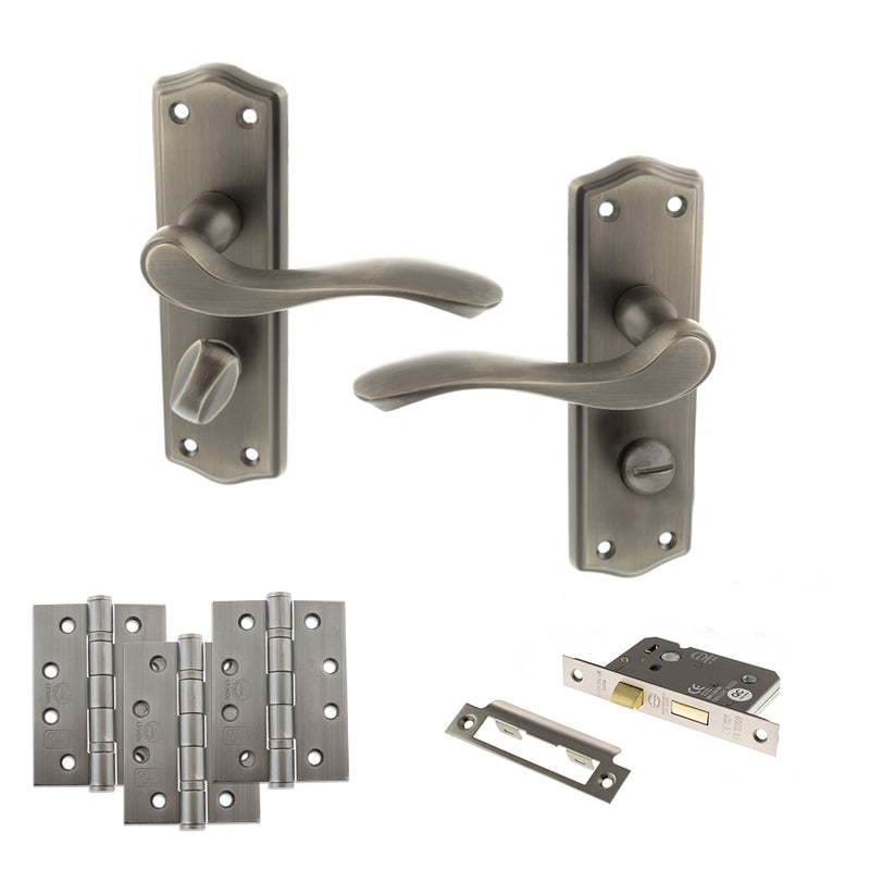 Old English Warwick Door Handle Pack (Bathroom Set - 2.5" CE Bathroom Lock, 4" Fire Rated Hinges x3) - Matt Gun Metal
