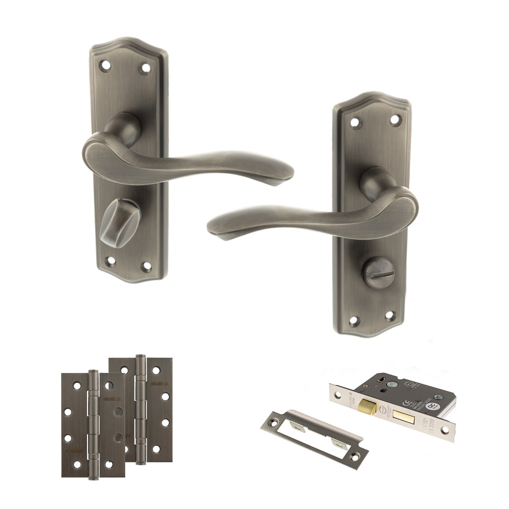 Old English Warwick Door Handle Pack (Bathroom Set - 2.5" CE Bathroom Lock, 4" Slim Knuckle Hinges x2) - Matt Gun Metal