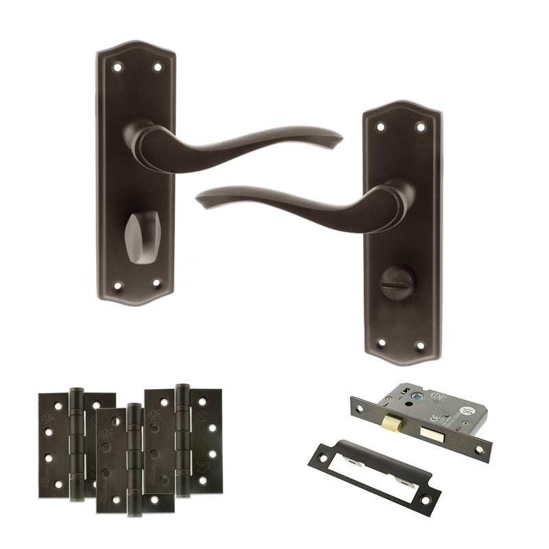 Old English Warwick Door Handle Pack (Bathroom Set - 3" CE Bathroom Lock, 4" Fire Rated Hinges x3) - Urban Dark Bronze