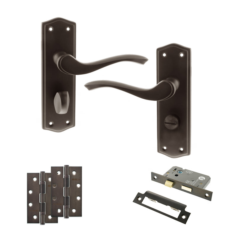 Old English Warwick Door Handle Pack (Bathroom Set - 2.5" CE Bathroom Lock, 4" Slim Knuckle Hinges x2) - Urban Dark Bronze