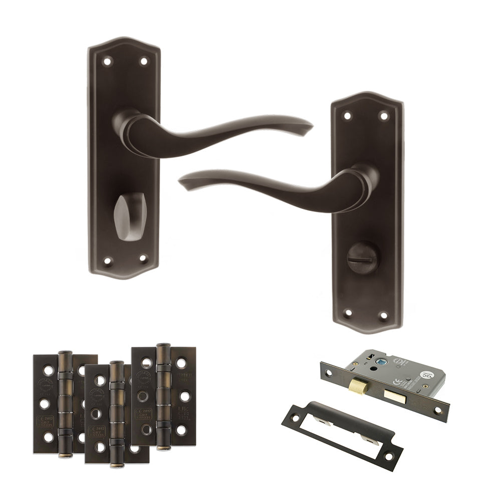 Old English Warwick Door Handle Pack (Bathroom Set - 2.5" CE Bathroom Lock, 3" Fire Rated Hinges x3) - Urban Dark Bronze