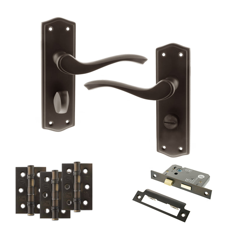 Old English Warwick Door Handle Pack (Bathroom Set - 2.5" CE Bathroom Lock, 3" Fire Rated Hinges x3) - Urban Dark Bronze