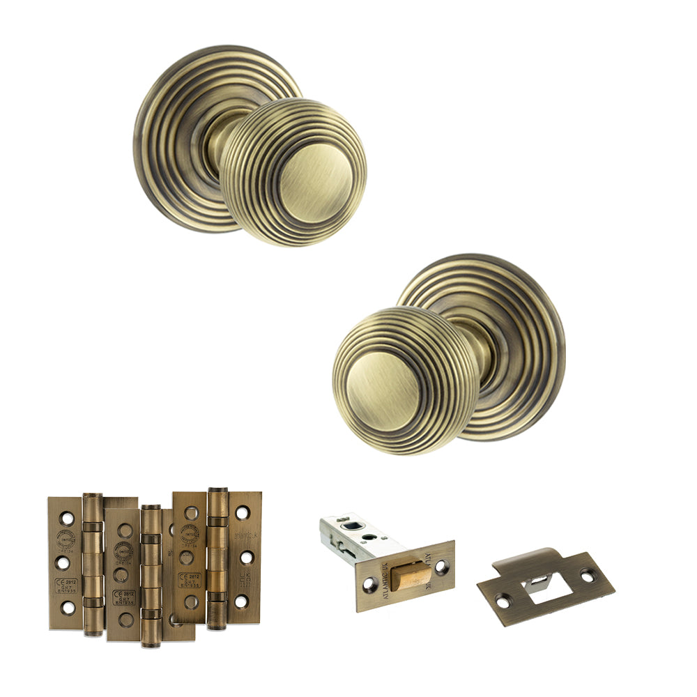Old English Ripon Door Knob Pack (Latch Set - 4" HD Latch, 3" Fire Rated Hinges x3) - Antique Brass