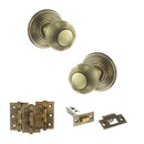 Old English Ripon Door Knob Pack (Latch Set - 4" HD Latch, 3" Fire Rated Hinges x3) - Antique Brass