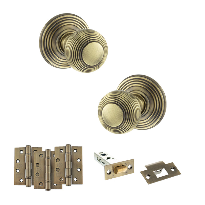 Old English Ripon Door Knob Pack (Latch Set - 4" HD Latch, 4" Fire Rated Hinges x3) - Antique Brass