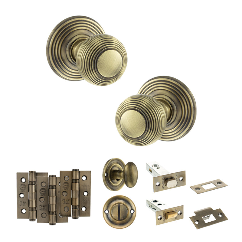 Old English Ripon Door Knob Pack (Bathroom Set - 3" Deadbolt, 3" Fire Rated Hinges x3) - Antique Brass