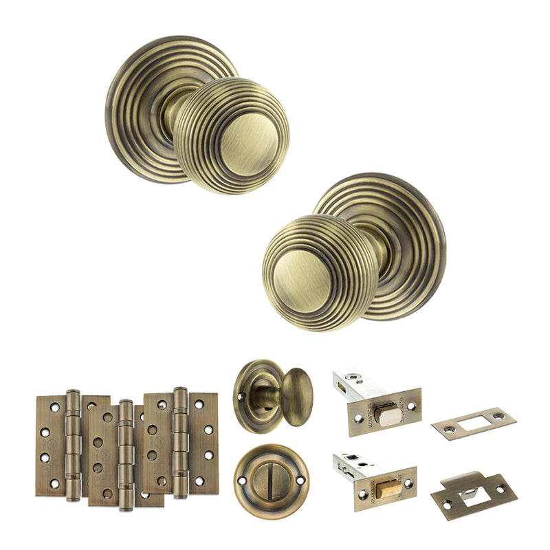 Old English Ripon Door Knob Pack (Bathroom Set - 4" Deadbolt, 4" Fire Rated Hinges x3) - Antique Brass