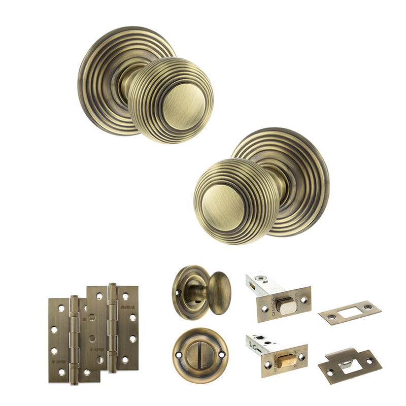 Old English Ripon Door Knob Pack (Bathroom Set - 4" Deadbolt, 4" Slim Knuckle Hinges x2) - Antique Brass