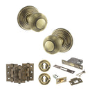 Old English Ripon Door Knob Pack (Lock Set - 3" Latch & Deadlock, 3" Fire Rated Hinges x3) - Antique Brass