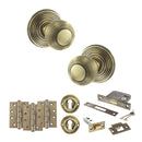Old English Ripon Door Knob Pack (Lock Set - 3" Latch & Deadlock, 4" Fire Rated Hinges x3) - Antique Brass