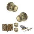 Old English Ripon Door Knob Pack (Lock Set - Horizontal Sashlock, 3" Fire Rated Hinges x3) - Antique Brass