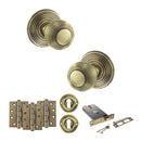 Old English Ripon Door Knob Pack (Lock Set - Horizontal Sashlock, 4" Fire Rated Hinges x3) - Antique Brass