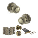Old English Ripon Door Knob Pack (Lock Set - Horizontal Bathlock, 4" Fire Rated Hinges x3) - Antique Brass