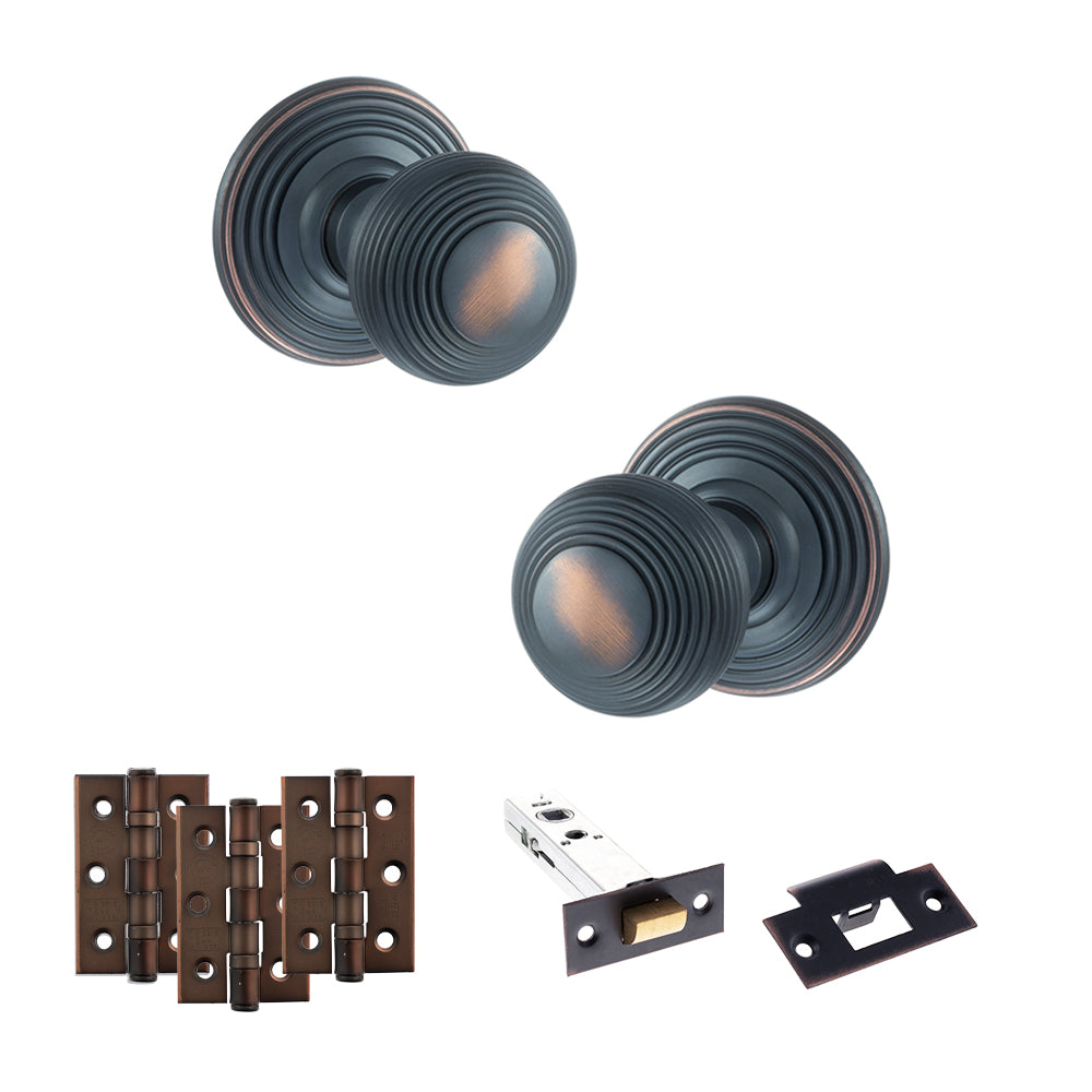 Old English Ripon Door Knob Pack (Latch Set - 4" HD Latch, 3" Fire Rated Hinges x3) - Antique Copper