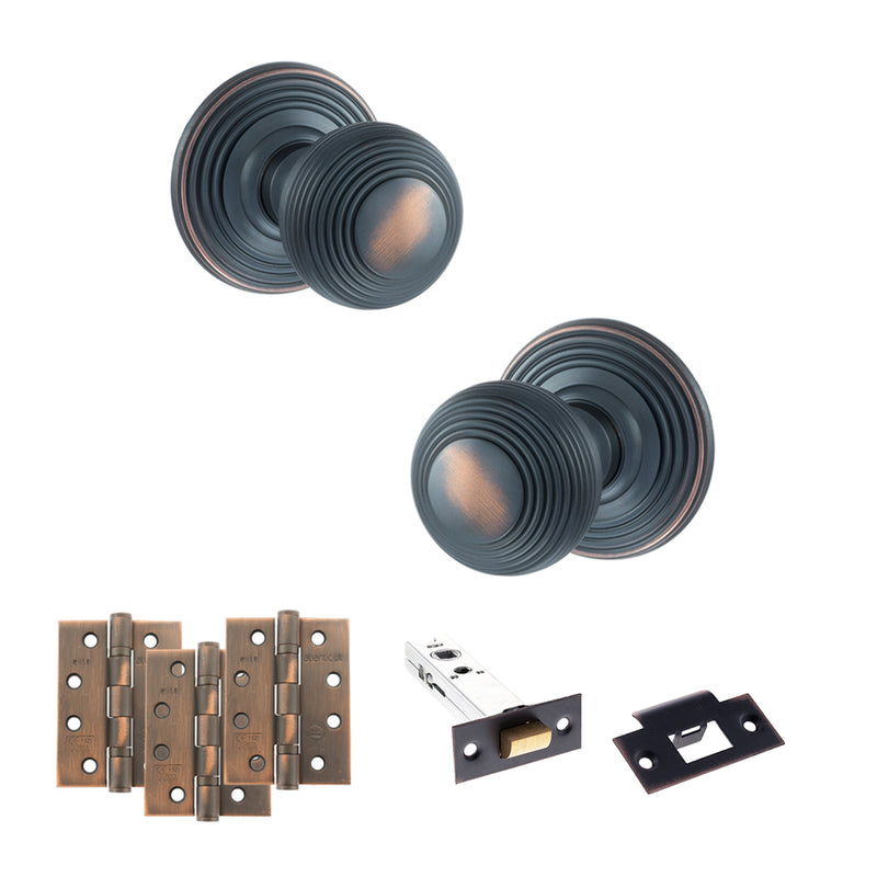 Old English Ripon Door Knob Pack (Latch Set - 4" HD Latch, 4" Fire Rated Hinges x3) - Antique Copper