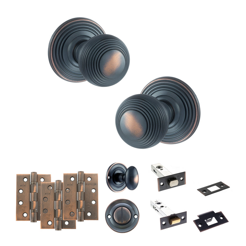 Old English Ripon Door Knob Pack (Bathroom Set - 4" Deadbolt, 4" Fire Rated Hinges x3) - Antique Copper