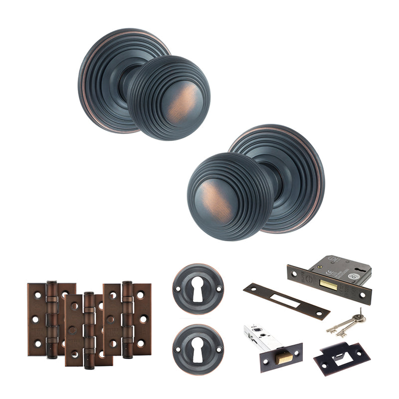 Old English Ripon Door Knob Pack (Lock Set - 3" Latch & Deadlock, 3" Fire Rated Hinges x3) - Antique Copper
