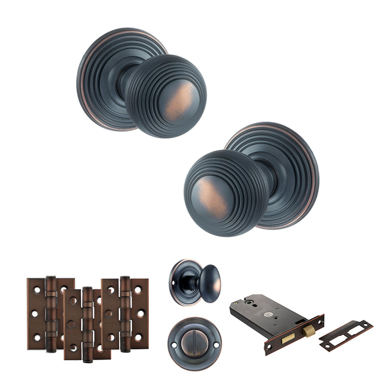 Old English Ripon Door Knob Pack (Lock Set - Horizontal Bathlock, 3" Fire Rated Hinges x3) - Antique Copper