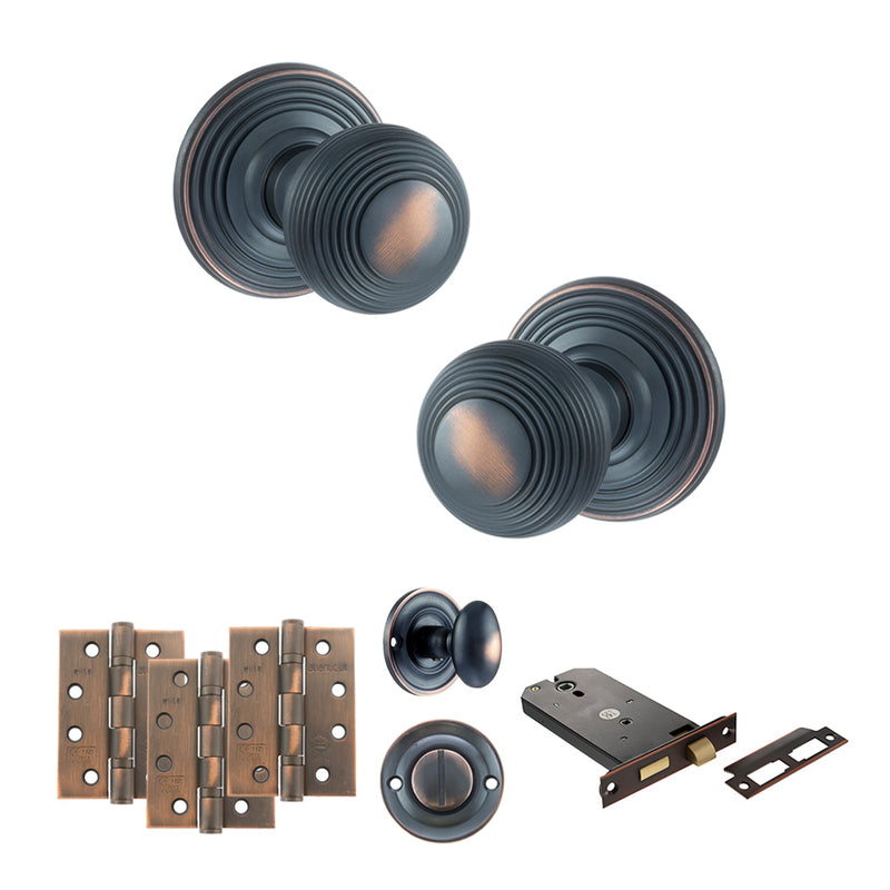 Old English Ripon Door Knob Pack (Lock Set - Horizontal Bathlock, 4" Fire Rated Hinges x3) - Antique Copper
